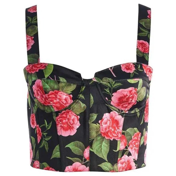 Alice + Olivia Jeanna Bustier Crop Top Camellia Floral Print Black Size 6 NWT - Picture 2 of 12